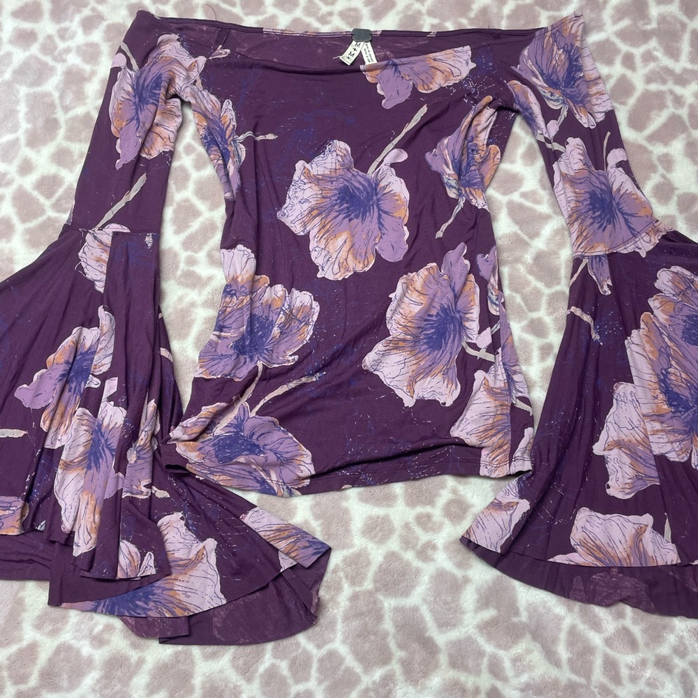 2000s inspired floral off the shoulder Free People bell sleeved top